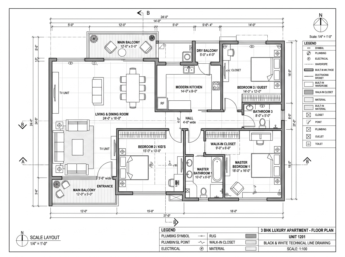 3BHK + 3T Floor Plan